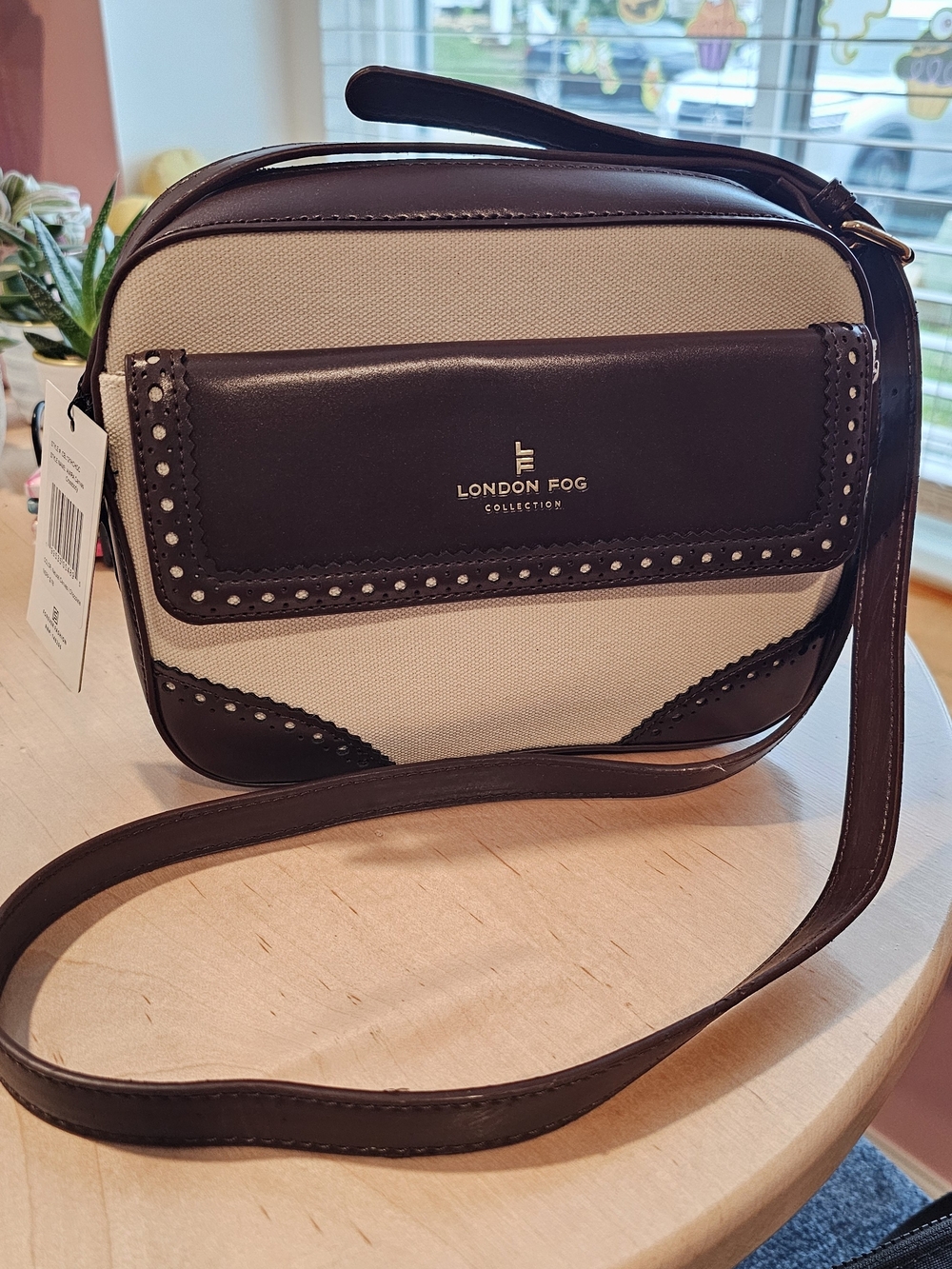 London Fog Women's Beige and Dark Brown Crossbody Bag